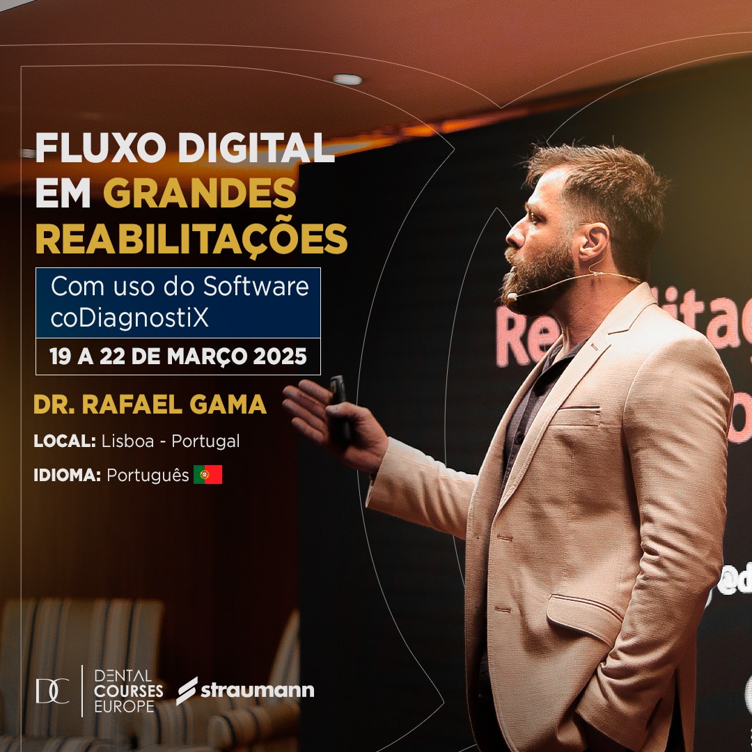 Curso presencial de Fluxo Digital em Grandes Reabilitações com Rafael Gama em Portugal: Aprenda técnicas avançadas de reabilitação dentária digital com um especialista. Curso destinado a profissionais de odontologia que desejam dominar o fluxo de trabalho digital para tratamentos complexos e alcançar resultados precisos.